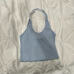 BDG Light Blue Ribbed Cropped Halter Tank with White Trim